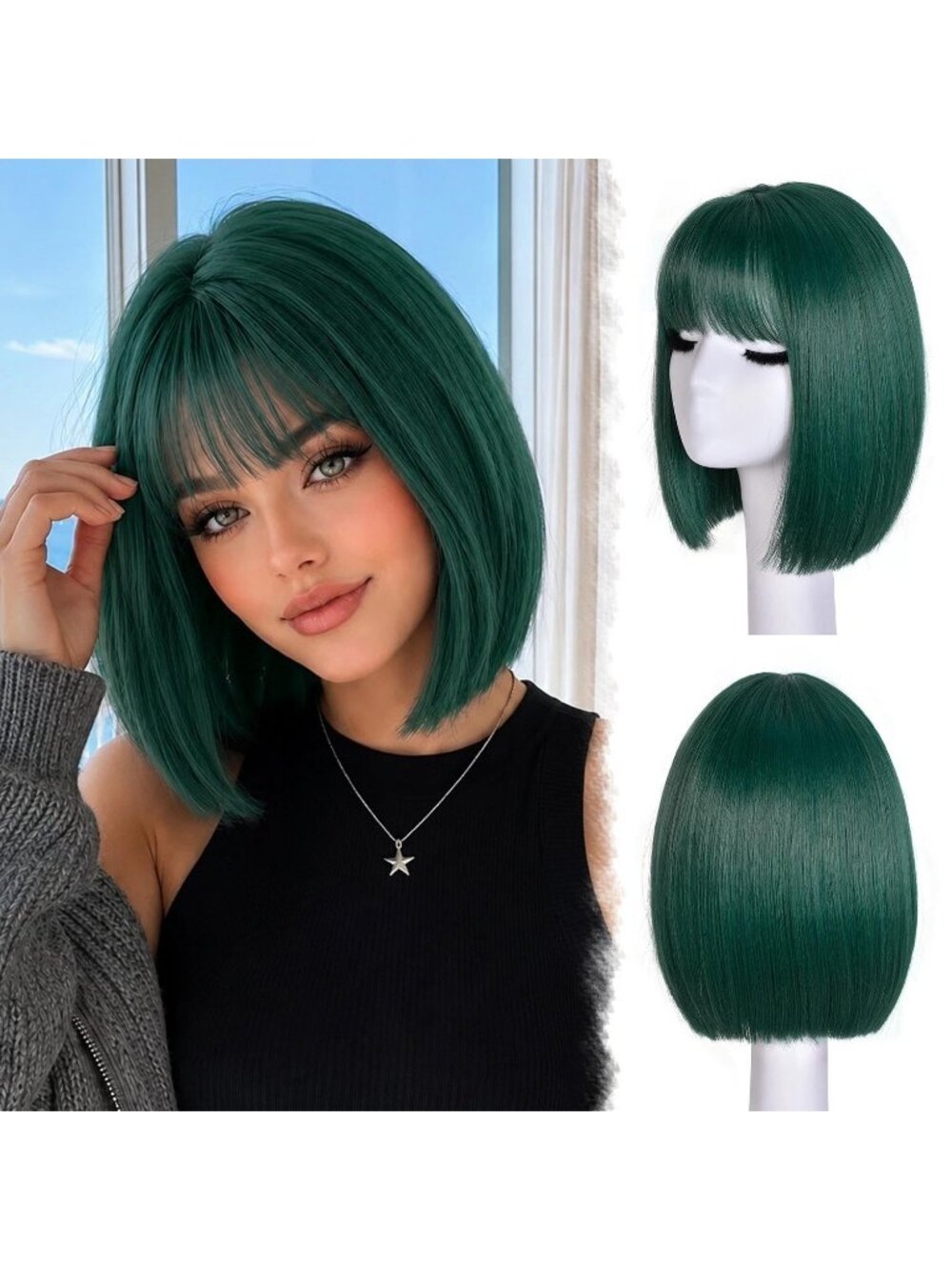 12inch Women's Dark Green Straight Bob Wigs Synthetic Natural Looking With Bangs